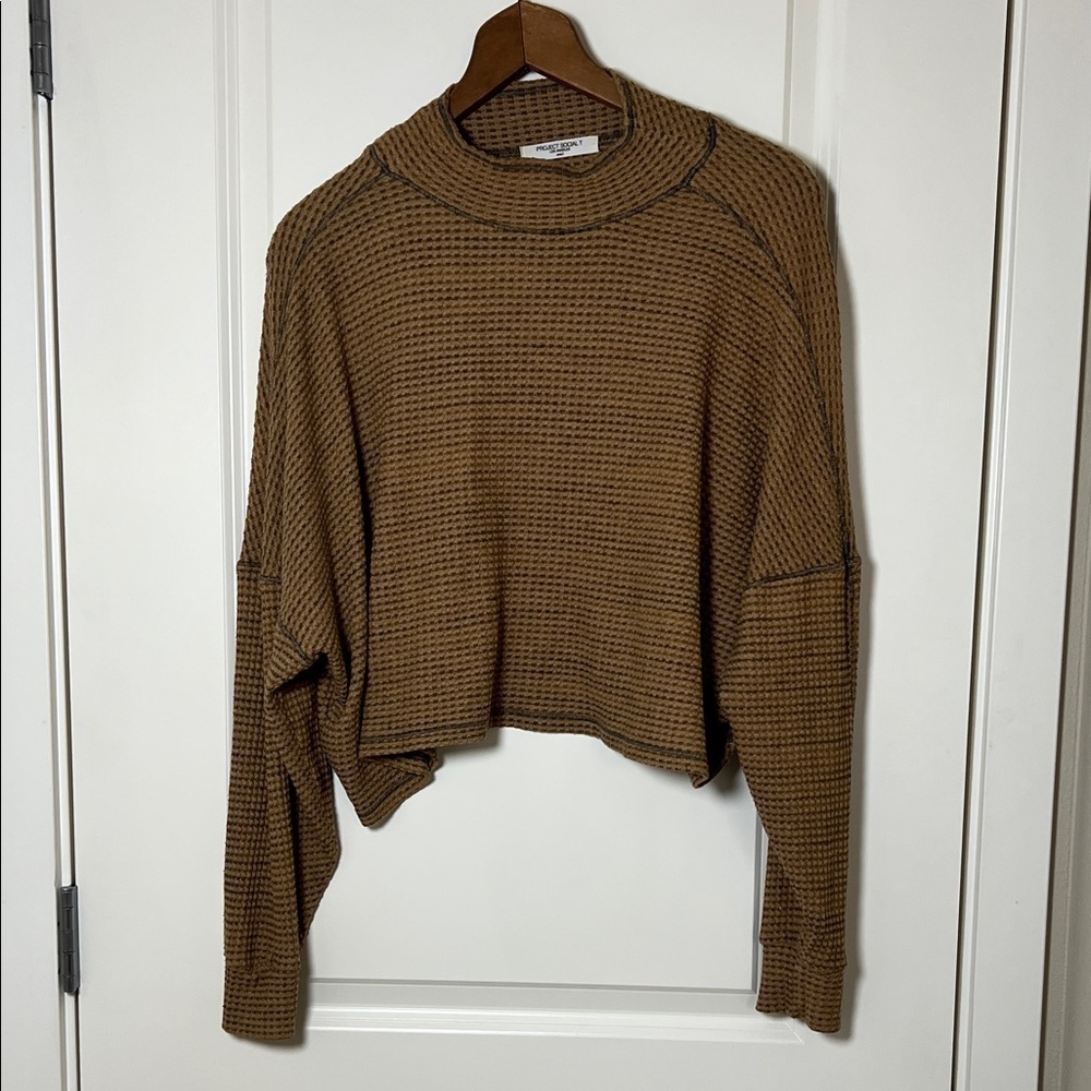 Project Social T Tan Waffle Knit Cropped Turtleneck Sweater Small